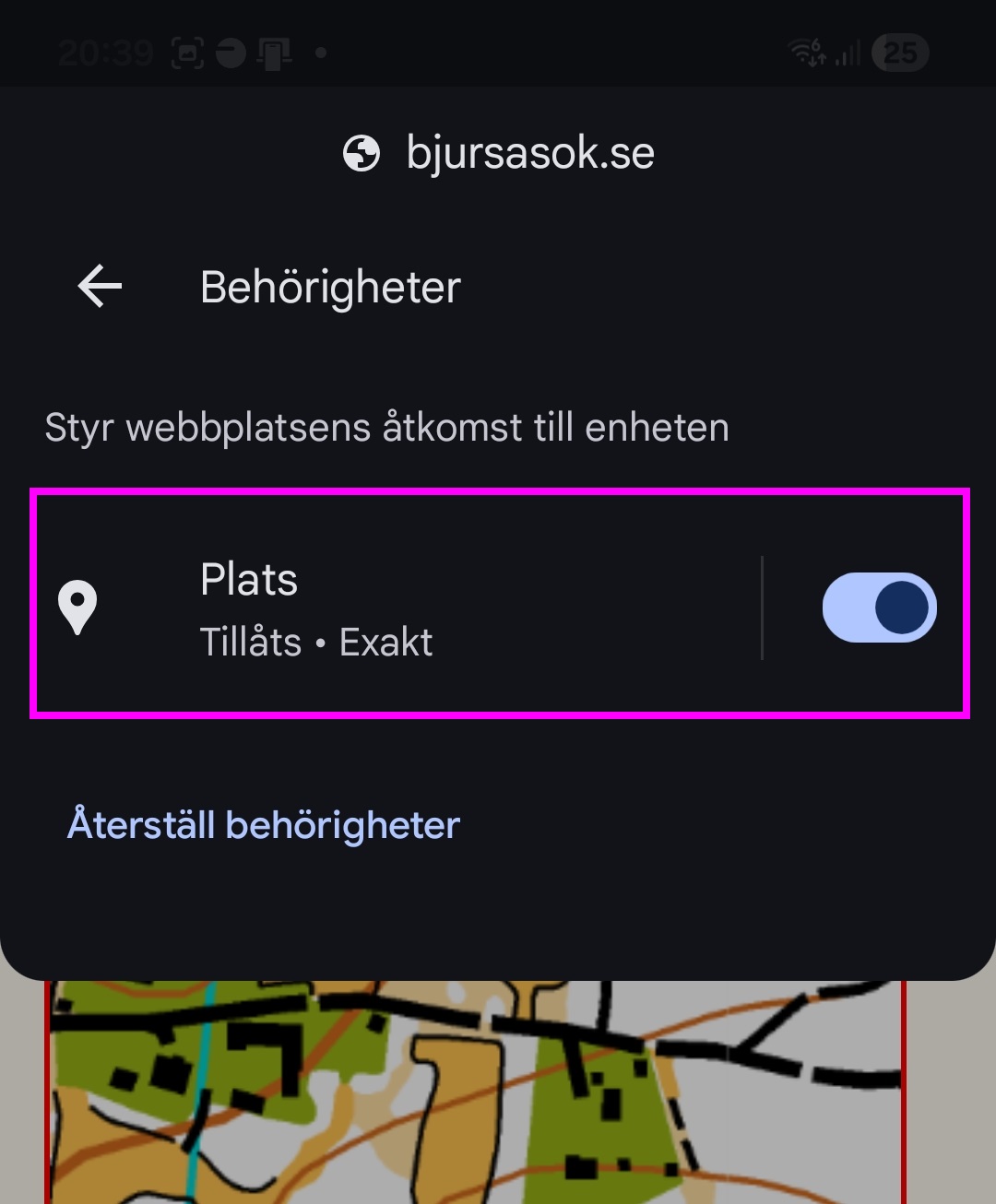 Skjut reglaget åt höger till läget Tillåt