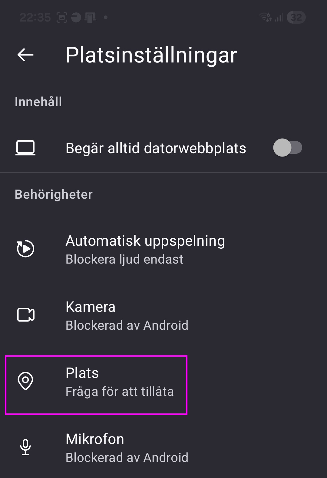 Platsinställningar