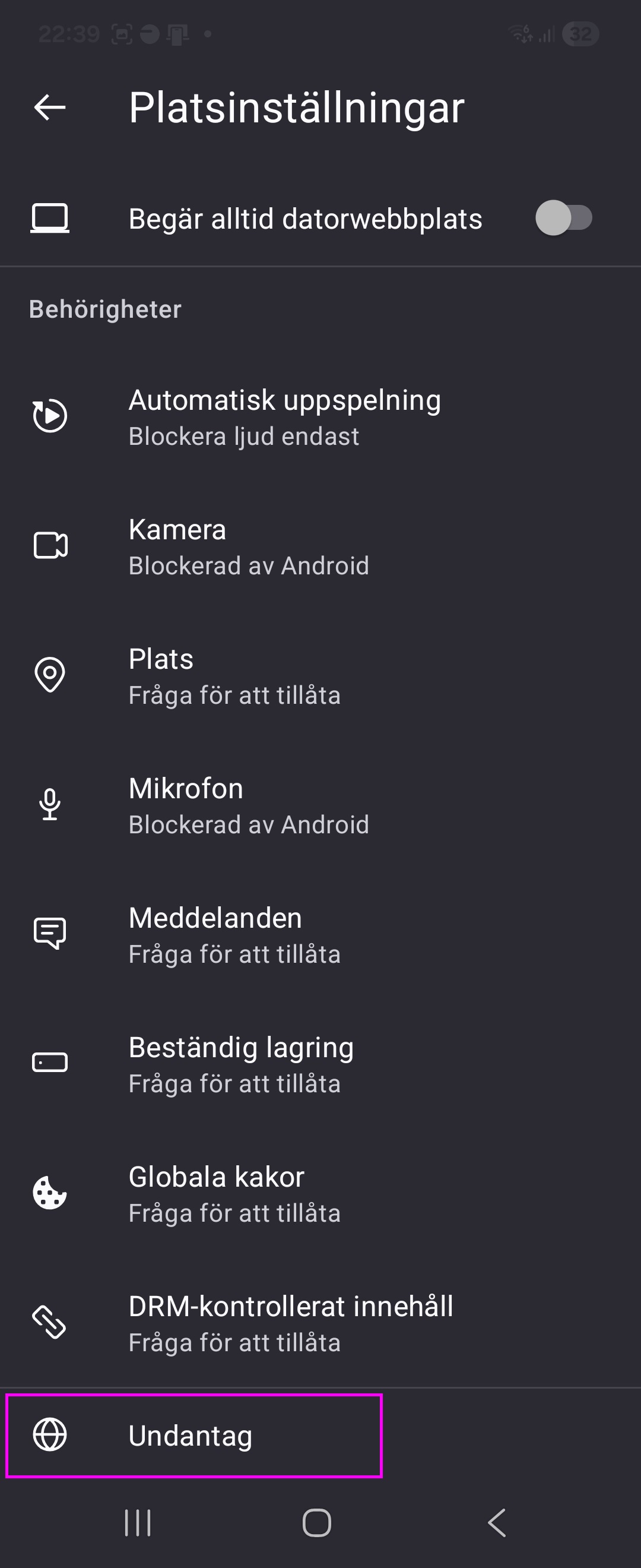 Öppna inställningar för websidor, Undantag